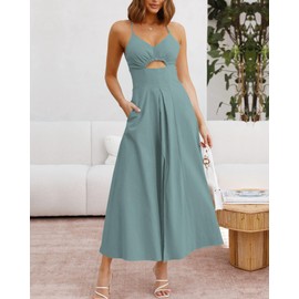 BTFBM Women 2025 Summer Spaghetti Strap Midi Dress Sleeveless V Neck Cutout Slit Casual Beach Party Maxi Dresses Pockets(Light Lake Blue, Large)