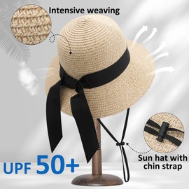 REETEE Women's Sun Hat UPF 50+ Wide Brim Beach Hat Summer Hat Women's Straw Hat Foldable Beach Hat Straw Hat, beige