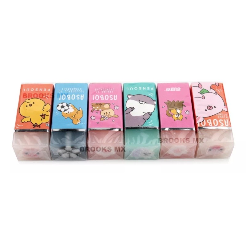 Pensoul Kit 6pz Goma Borrador Transparente Animalito Kawaii Premium