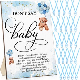 Wesiti 51 Pcs Cool Baby Shower Game Wooden Bear Sign Gift Sets 50 Baby Shower Pacifiers Necklace Acrylic Pacifier for Gender Reveal Party Favor(Blue)