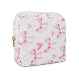 AMZMA Small Floral Quilted Makeup Bag, Coquette Aesthetic Travel Toiletry Organizer for Women, Lightweight Cotton Cosmetic Pouch