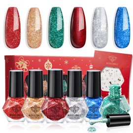 modelones Christmas Nail Polish Set 6 Colors, Red Green Burgundy Gold Silver Blue Glitter Quick Dry Mini Nail Lacquer Kit with Xmas Stickers, Sparkle Fall Winter Nail Art Manicure Gift for Girl Women