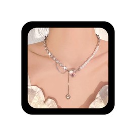 Ximdble Vintage Red Crystal Heart Drop Y Necklace Boho Pearl Choker Necklace Rhinestone Tennis Chain Necklace Silver Splice Chain Y Lariat Necklace for Women