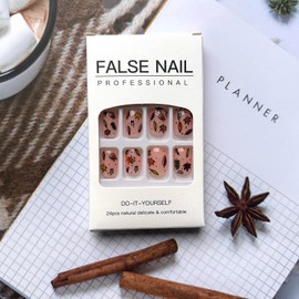 24Pcs Fall Press on Nails with Designs, Full Cover Short Square Fake Nails Glossy Nude Pink Acrylic Nails Cute Maple Leaf Fall Glue on Nails Autumn Winter Stick on Nails for Women Girls DIY Nail