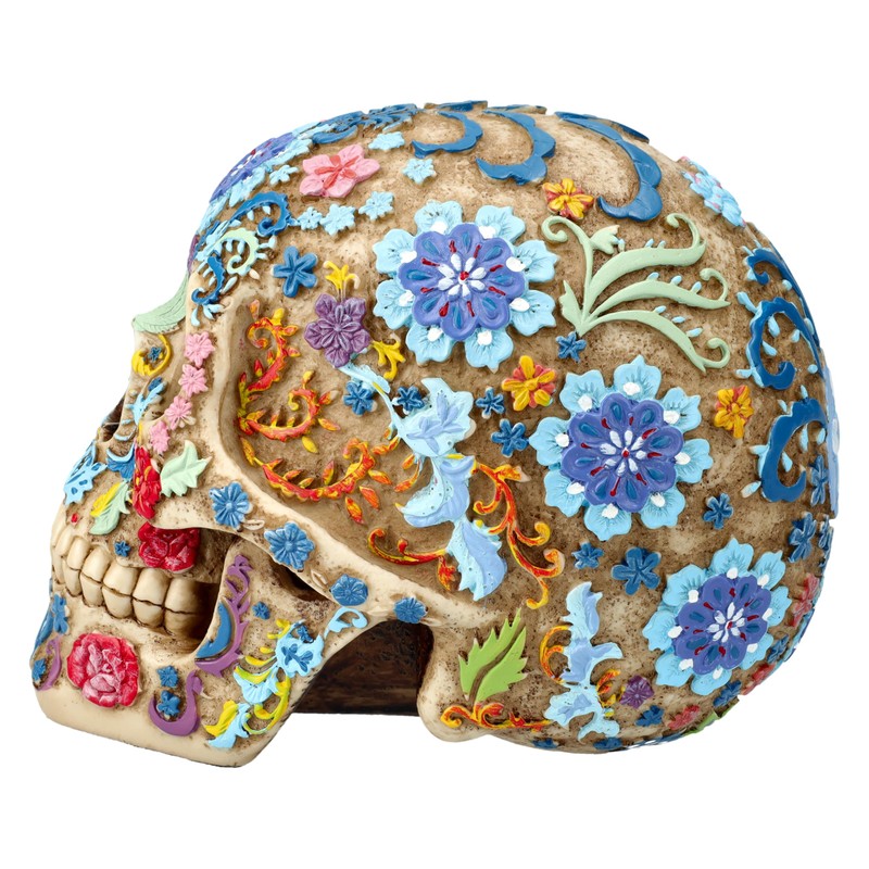 Skull Figurine with Floral Pattern - 16 cm Height, Bone