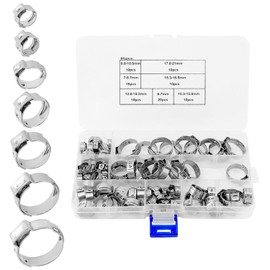 QWORK® Pack of 85 Single Ear Hose Clamps, 7-21 mm Adjustable Stainless Steel Pipe Clamps, Corrosion-Resistant Hose Clamps Set, Fuel Line Clamps