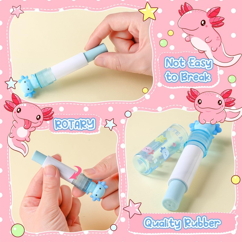 Gersoniel 16 Pcs Axolotl Retractable Erasers Axolotl Birthday Party Favor