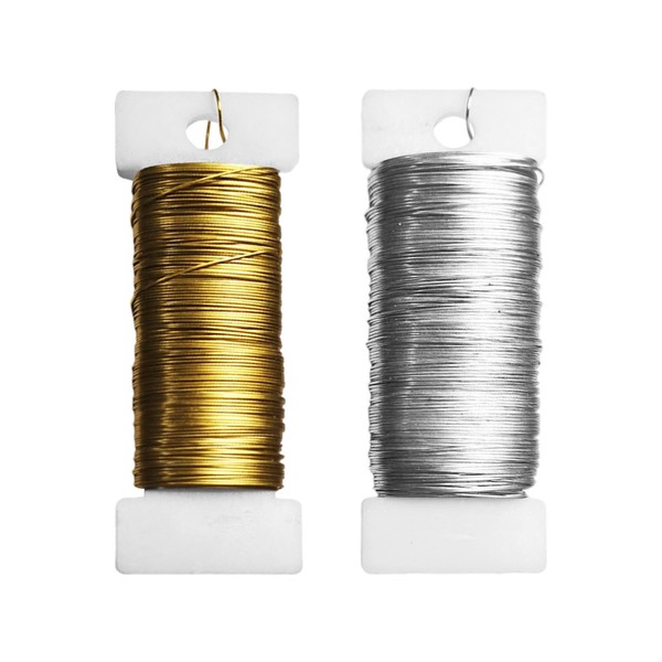 Divono 2 rolls of craft wire, flower wire, jewellery wire, winding wire, silver and gold, for flower arrangements, wrapping gifts or for fixing plants, flowers diameter of 0.35 mm, 50 m