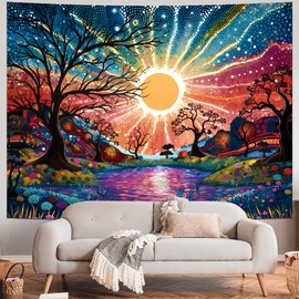Tree of Life Tapestry Trippy Sun Forest Tapestries Colorful Starry Sky Tapestries Hippie Nature Landscape Tapestry Wall Hanging for Bedroom