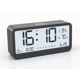 PASIVOLE Digitaler Wecker mit Batteriebetrieb und Kalender | Temperatur | Luftfeuchtigkeit | LCD Display | 2 Weckzeiten | Schlummerfunktion Kleine Tischuhr