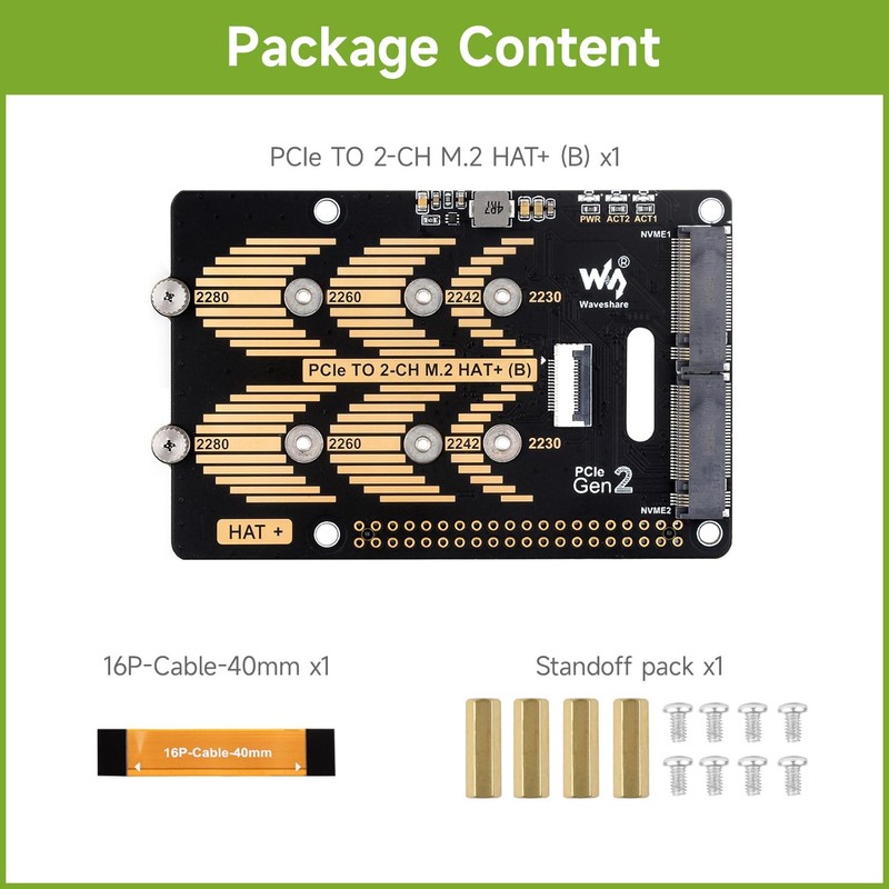 Waveshare PCIe to 2-CH M.2 HAT, Compatible with Raspberry Pi
