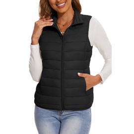 SMENG lightweight puffer vest women's fashion warm fall quilted black zip up sleeveless jacket with pockets Size XXL