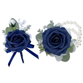 CherishedMoments Corsage and Boutonniere Set, Navy Blue Handmade Artificial Rose Peony Wrist Corsage and Groom Flower Boutonniere for Seaside Wedding, Anniversary, Fall Vintage Wedding