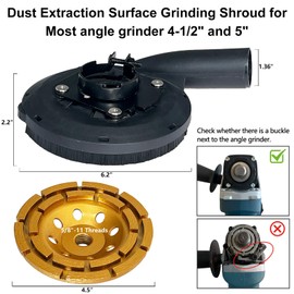 Dust Shroud for Angle Grinder 4.5" and 5" + Diamond Grinding Cup Wheel 4.5" with 5/8"-11 Threads, Dust Extraction Surface Grinding Shroud Set