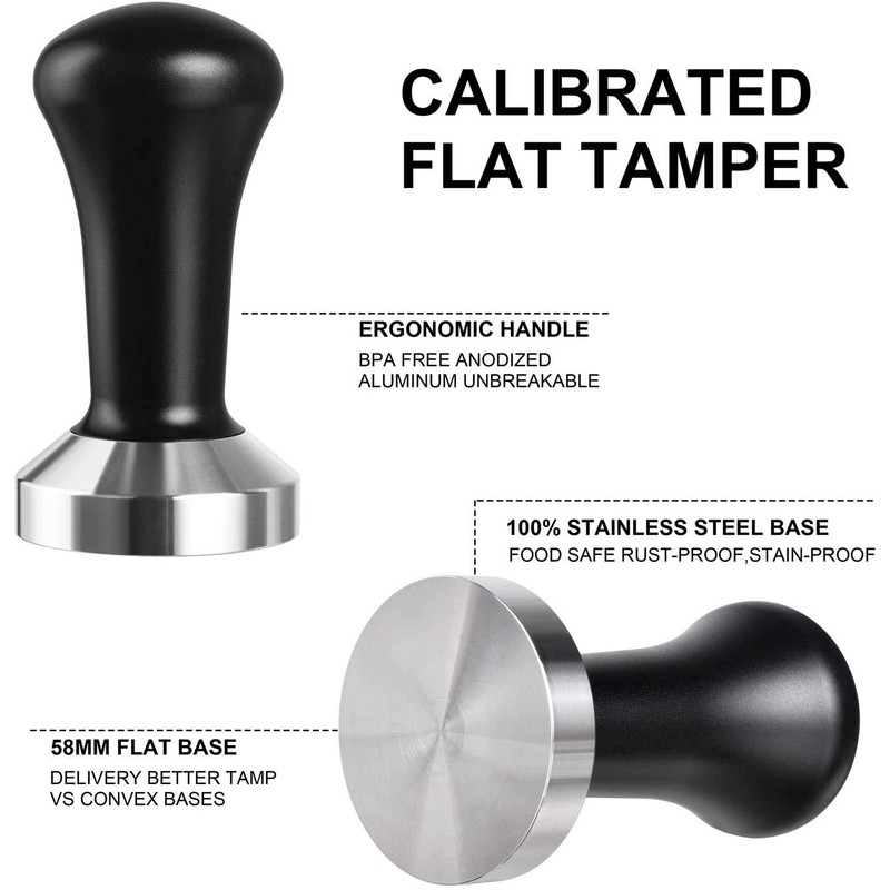 POEFT 58mm Coffee Tamper Stainless Steel Frosted Handle Flat Bottom