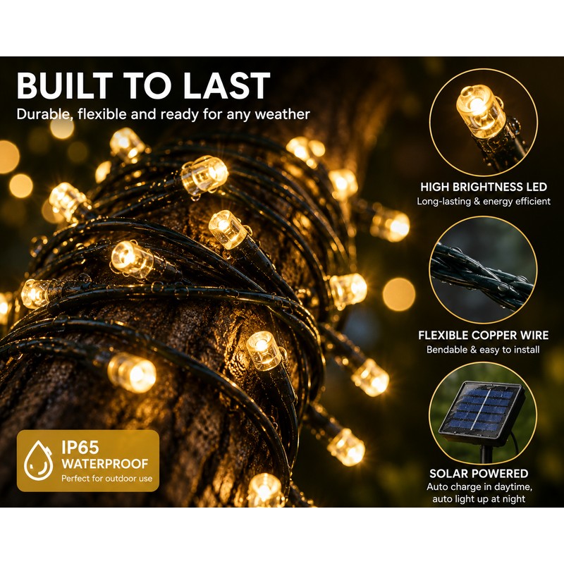 Solar Powered Outdoor Fairy Lights 20M Waterproof LED String Lights