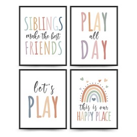 PLKMN Boho Playroom Decor Set of 4, Let's Play Wall Art, Rainbow Prints for Kids Room, Nursery, Bedroom, 8x10 Inch, Unframed