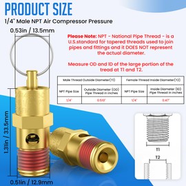 HONSNKS 2 Pcs 1/4" NPT(M) 175 PSI Air Compressor Pressure Relief Valve, Brass Safety Valve for Air Compressor (Tank Pop Off)