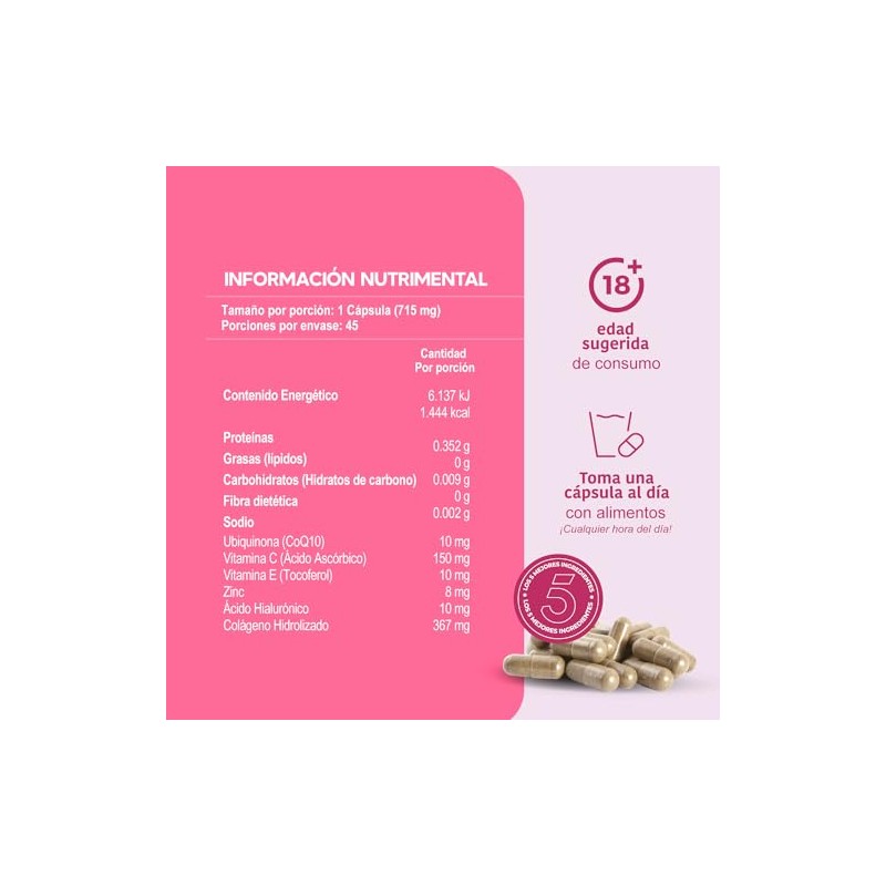 LIFEED5 Skin con Ácido Hialurónico y Colágeno 45 cápsulas715mg pporción
