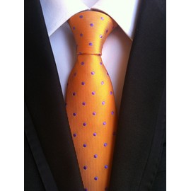 Vinesen Men's Orange Silk Tie Ascot with Purple Polka Dot Jacquard Woven Self Cravat Necktie