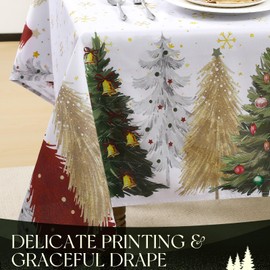 FIBORIA White Christmas Table cloth 140x200 cm Rectangular Wipe Clean & Water Resistant Table Cover with Gold Snowflakes & Colorful Tree Tablecloth for Xmas Party Winter New Year Dining Decorations