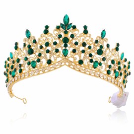 YBSHIN Light Up Rhinestone Gold Wedding Queen Crowns, Medieval Quinceanera Crystal Tiaras, Sparkly Pageant Headpiece for Women (Green)