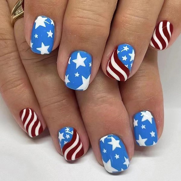 Independence Day Press on Nails Short Star False Nails 4th