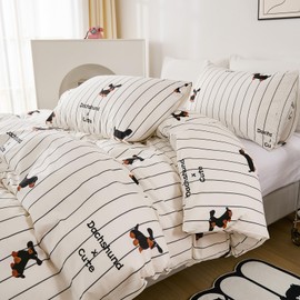 Cozaline Cute Dachshund Duvet Cover Twin Size 100% Cotton Duvet Cover Brown Striped Dog Printed Anime Bedding Set for Boys Girls 3 Pcs Soft Breathable Comforter Cover with Zipper Closure