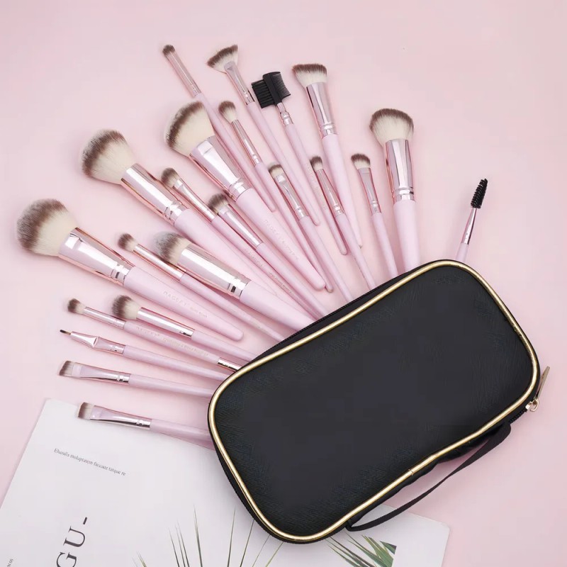 Set 22 Brochas De Maquillaje Profesional Con Cosmetiqueras Color Rosa