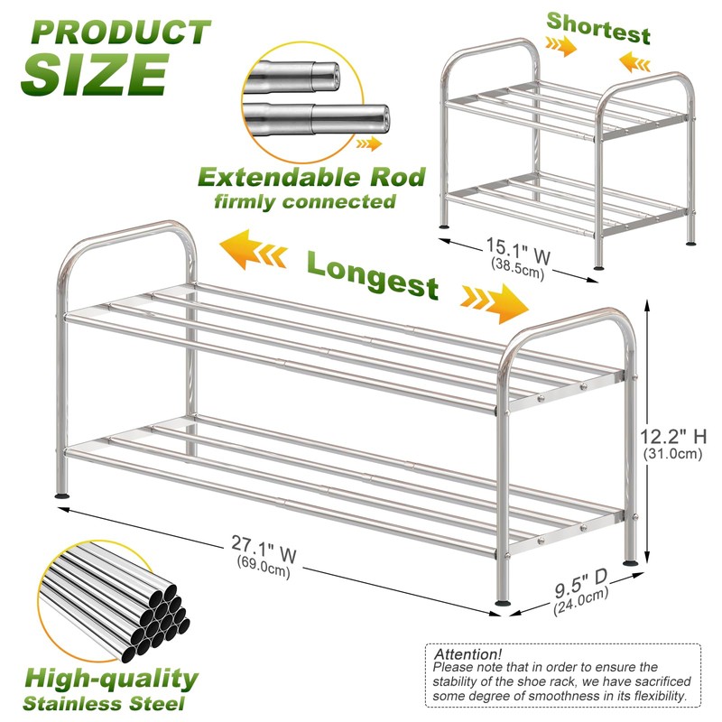 SKIKEN 2-Tier Expandable Shoe Rack - 100% Stainless Steel,4-Rod Extendable