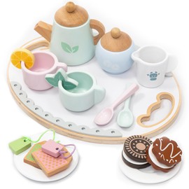 UMU® Wooden Tea Set Playset with Colourful Cups, Lemon Slices, Tea Bags and Much More, Wooden Toy for Children from 3 4 5 6 Years