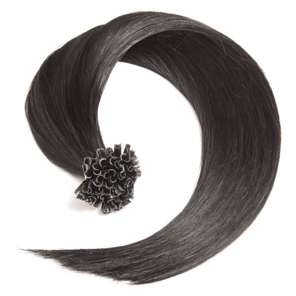 GlamXtensions Real Hair Keratin Bonding Extensions Straight Black No. 01 U-Tip 200 x 0.5 g x 50 cm Made from 100% Indian Remy Human Hair - Virgin Remy - Highest Quality Level with Free Accessories
