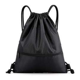 kuou String Swim PE Bag, Sport Gym Sack Drawstring Bag Waterproof Drawstring Sport Bag with Outside Zipper for Sports Beach Holidays Swimming Travel(19.68x16.53 Inch, 50x42 CM, Black)