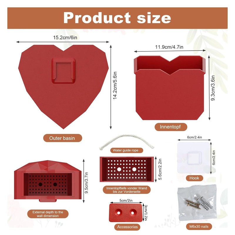 Heart-Shaped Wall Planter, Self-Watering Pot for Indoor Plants