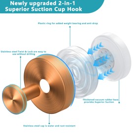 Epritliber Suction Cup Hooks for Shower,No Drill Towel Hooks,Upgraded Hanging 15 lbs Wall Hooks for Bathroom Tile,Kitchen,Glass Door,Windows -Loofah,Coat, Robe,Stainless Waterproof-Rose Gold 2 Pcs