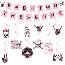 Bad Two the Bone Party Decoration Girls Include Bad Two The Bone Banner Hanging Swirls Rock And Roll 2nd Birthday Theme Party Supplies