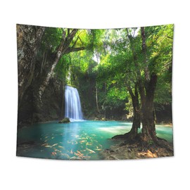 Forest Waterfall Tapestry Wall Hanging Sandy Beach Picnic Rug Camping Tent Sleeping Pad Home Decor Bedspread Sheet Wall Cloth (60x51inch,1)