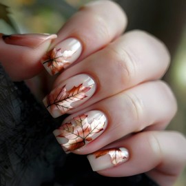 Fall Press on Nails Medium Square Fake Nails with Glitter Maple Leaves Design Milky White Glossy Acrylic False Nails Autumn Leaf Stick on Nail Reusable Gel Glue on Nail for Women 24Pcs