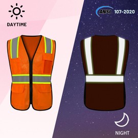 LIZMOF Orange Construction Vest for Women, High Visibility Reflective Vest, Neon Work Wear with Pockets and Zipper, Durable, ANSI Compliant, Orange, XS