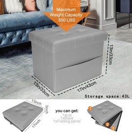 FujDun® Folding Storage Ottoman Foot Rest Footstool with Side Pocket,17 Inch Leather Ottoman Seat for Living Room Bedroom or Dorm,Padded with Thick Sponge,17X13X13in Grey