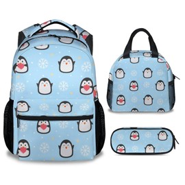 CUNEXTTIME Penguin Backpack with Lunch Box, Set of 3 School Backpacks Matching Combo for Girls Boys, Cute Blue Bookbag and Pencil Case Bundle