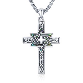 YEESIA Star of David Necklace S925 Sterling Silver Cross Necklace Abalone Celtic Cross Pendant Celtic Jewelry Valentines Day Gifts for Men