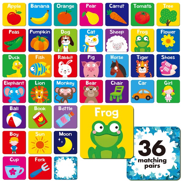 Hebayy Memory Matching Game, 72 PCS First Words Matching Cards for Toddlers 36 Pairs Memory Cards Educational Toys for Preschool 4 5 6 Years Old