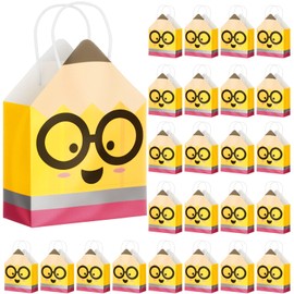 AmazingSpark 24 Pcs Welcome Back to School Pencil Shaped Gift Bags with Handle for Teacher First Day of School Candy Treat Gift Bags for Classroom Supplies Birthday Party Decoration