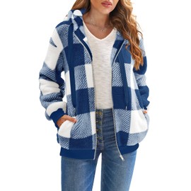 Nirovien Plaid Sherpa Jacket Women Plus Size Fleece Jackets Christmas Hoodie Fuzzy Sweater with Pockets(Blue White Plaid,2XL)