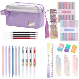 Amycute 38Pcs Aesthetic School Supplies with Large Pencil Case -12 Pastel Highlighters, Mechanical Pencils Set 0.5 & 0.7 mm, Black Red Ink Gel Pens, Cute Stationery for for Students College Essentials