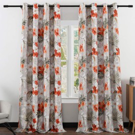 Leeva Blackout Curtains 63 Inch Long for Kitchen Door, Modern Orange Floral Print Thermal Insulated Sun Light Blocking Grommet Window Drapes for Living Room, 2 Panels