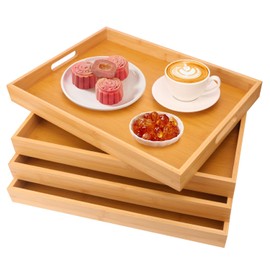kukmakri 4 Pack Large Bamboo Serving Tray with Handles - 18 x 13 Inch Wooden Dinner Tray, Home Kitchen Decorative Tray, Breakfast Trays for Eating on Couch, Lap Trays, Coffee, Kitchen, Picnic