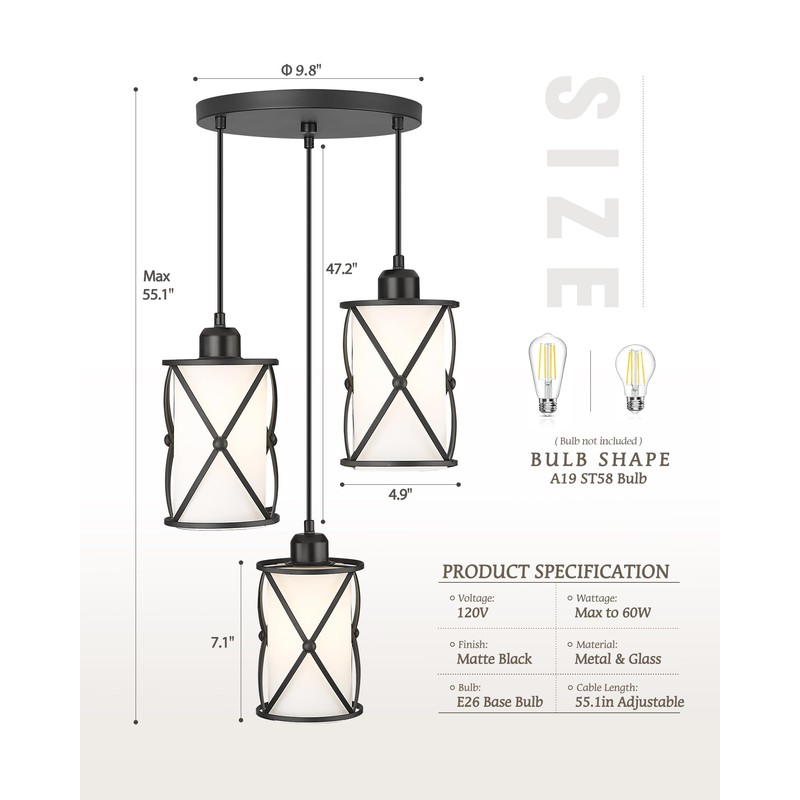 Osimir 3-Light Dining Room Chandelier Light Fixtures, Black Pendant Lighting