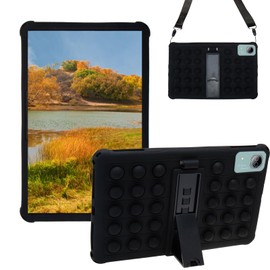 Sfulatdc Silicone Tablet Case for DOOGEE T20 Ultra/T40 Pro,Built-in Adjustable Stand and Detachable Shoulder Strap Cute Cover Compatible with Headwolf HPad6 Pro 12 inch Black